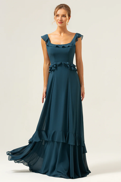 Deep peacock green A-line square neck layered chiffon long bridesmaid dress