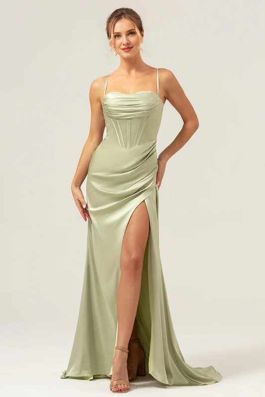 Sage tail collar pleated tight corset long slit satin bridesmaid dress