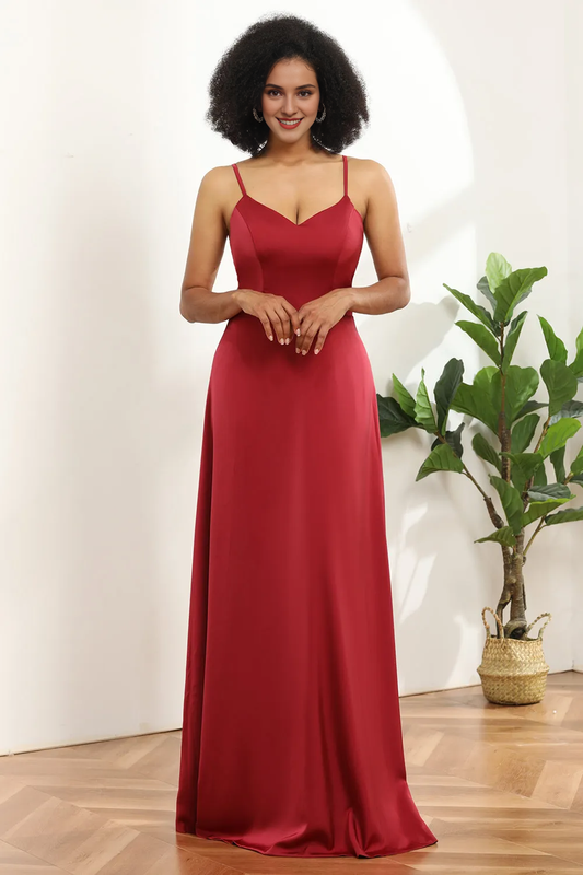 A-line satin thin shoulder strap tied back bridesmaid dress