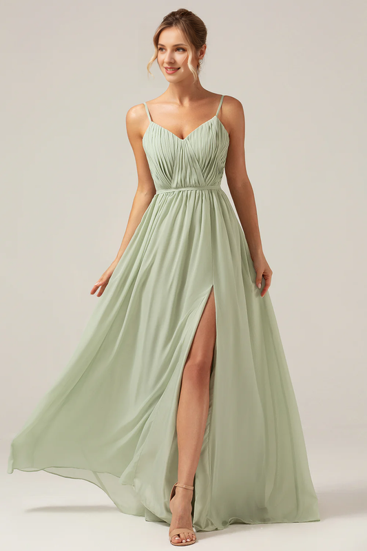 Dusty Sage A Line slim shoulder pleated bridesmaid dress