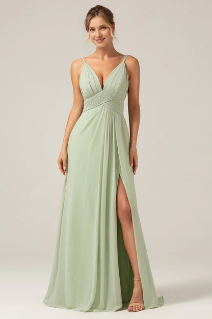 Dusty Sage A-line slim shoulder pleated chiffon bridesmaid dress