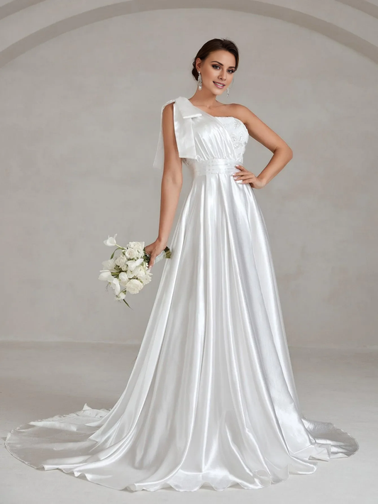 One shoulder bow satin and floor length wedding dress