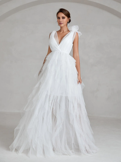 Deep V-neck sleeveless mesh cover and floor length wedding dress