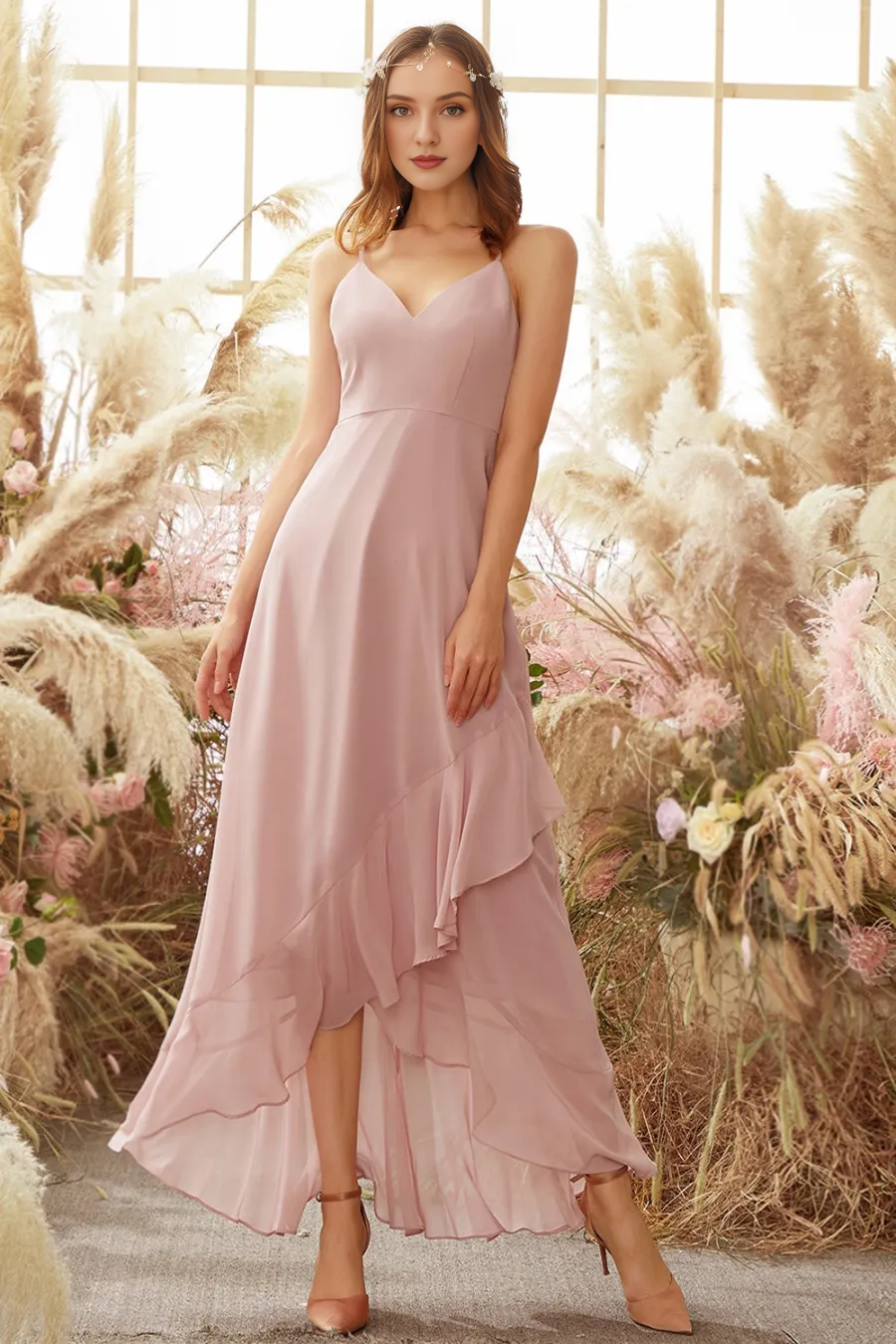 Powder blusher high-low chiffon bridesmaid dress