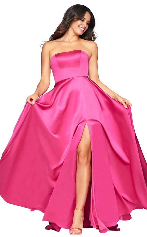 Satin A-line strapless collar with high slit and floor length for evening dress