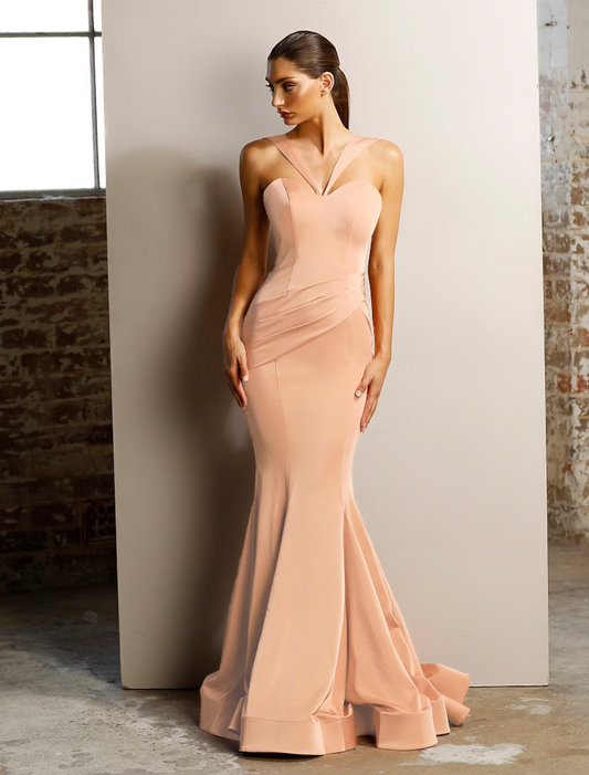 Minimalist Elegant Engagement Formal Evening Birthday Dress Halter Neck Sleeveless Floor Length Stretch Satin with Ruched