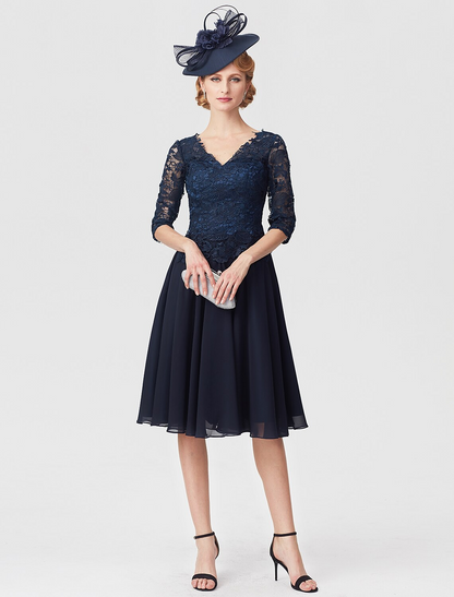 Mother of the Bride Dress Elegant V Neck Knee Length Chiffon Sheer Lace Half Sleeve with Lace