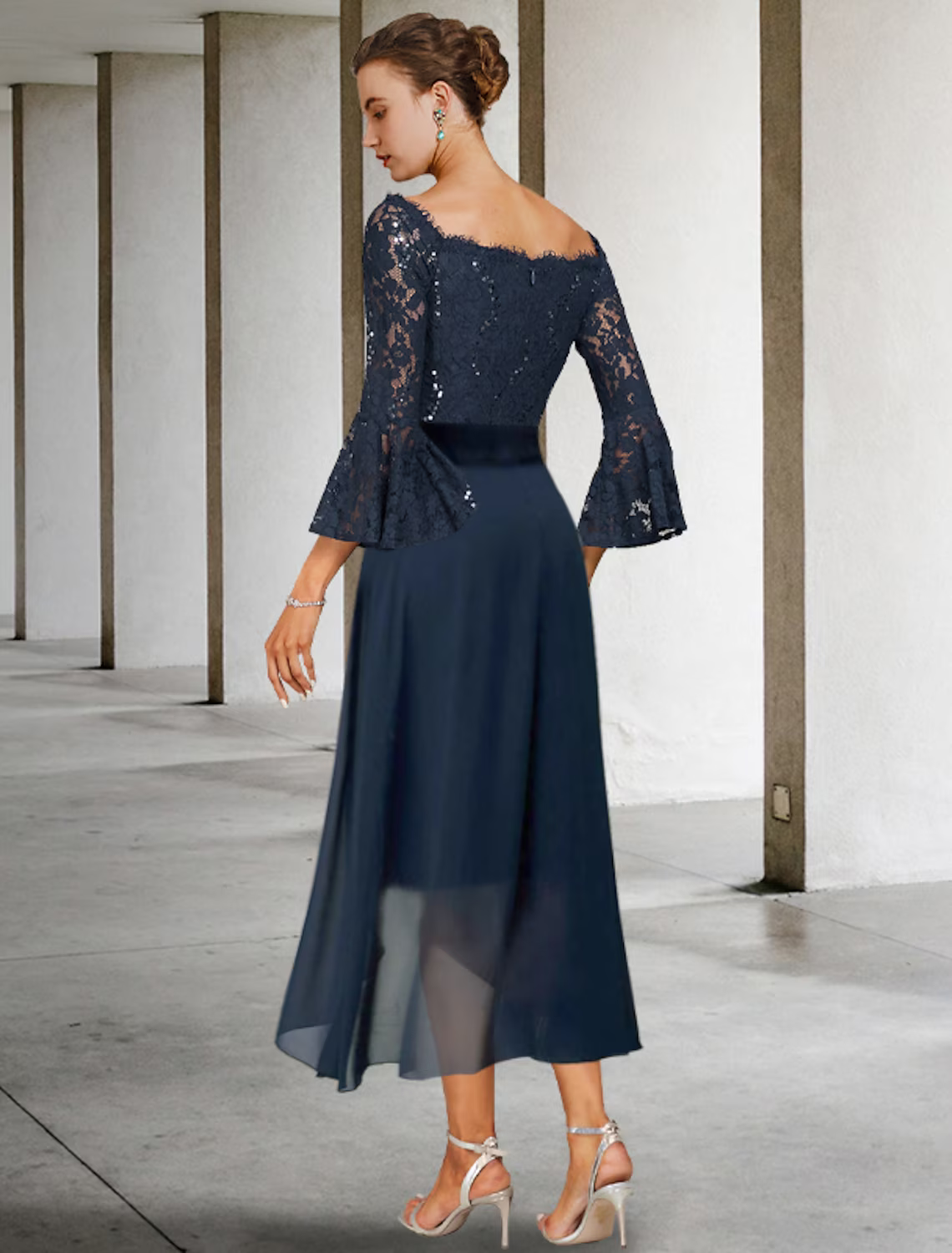 Two Piece  Mother of the Bride Dress Formal Wedding Guest Party Elegant Off Shoulder Knee Length Chiffon Lace Imitated Silk Sleeve with Bow(s)