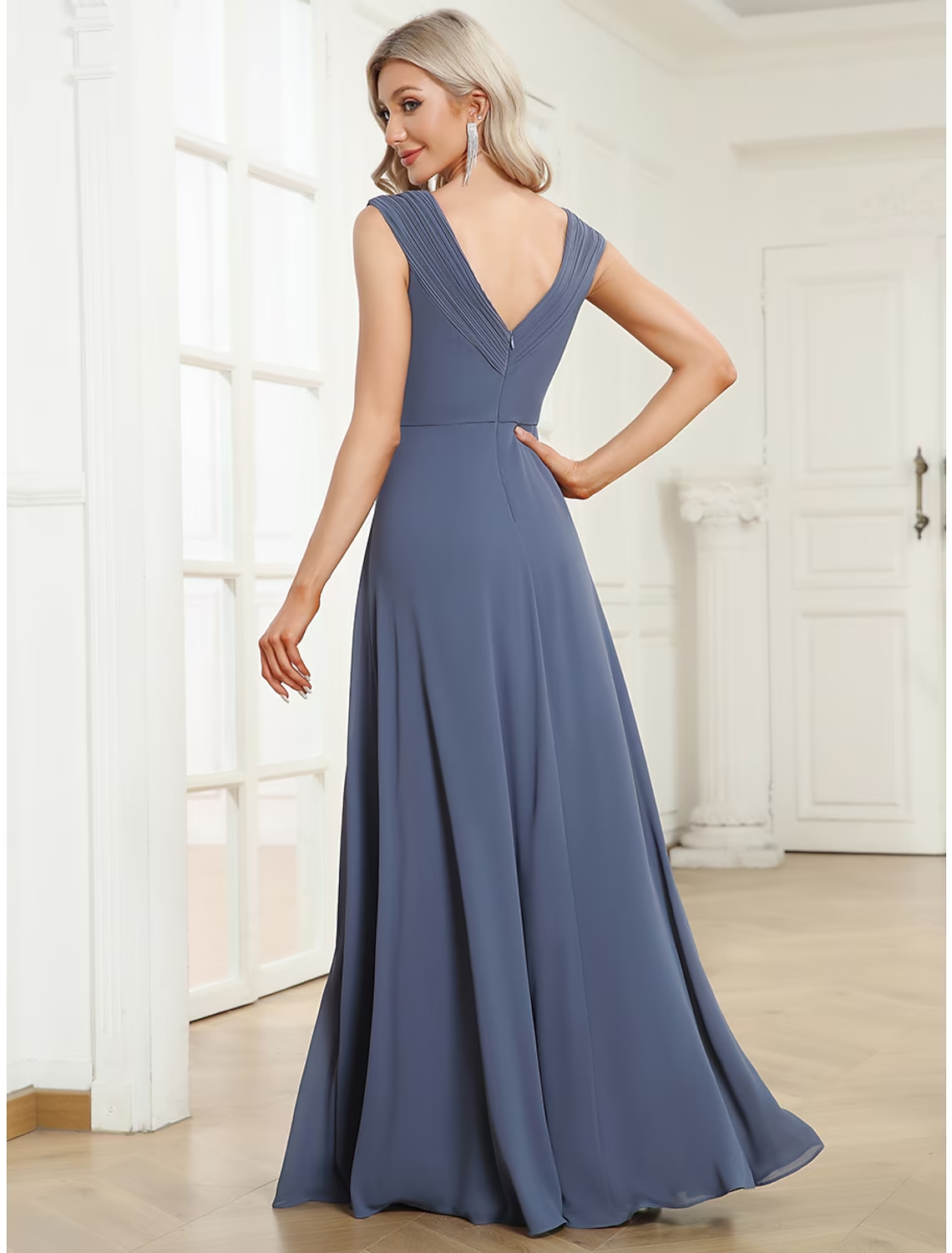 A-Line Wedding Guest Dresses Minimalist Dress Formal Floor Length Sleeveless V Neck Chiffon with Pleats