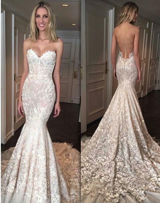 Gorgeous Mermaid Sweetheart Court Train Tulle Wedding Dresses with Appliques Lace