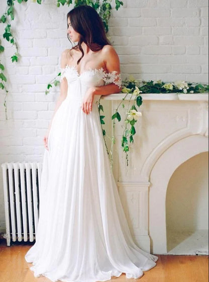 A Line Chiffon Sweetheart Lace Off the Shoulder Beach Wedding Dresses with Pleats