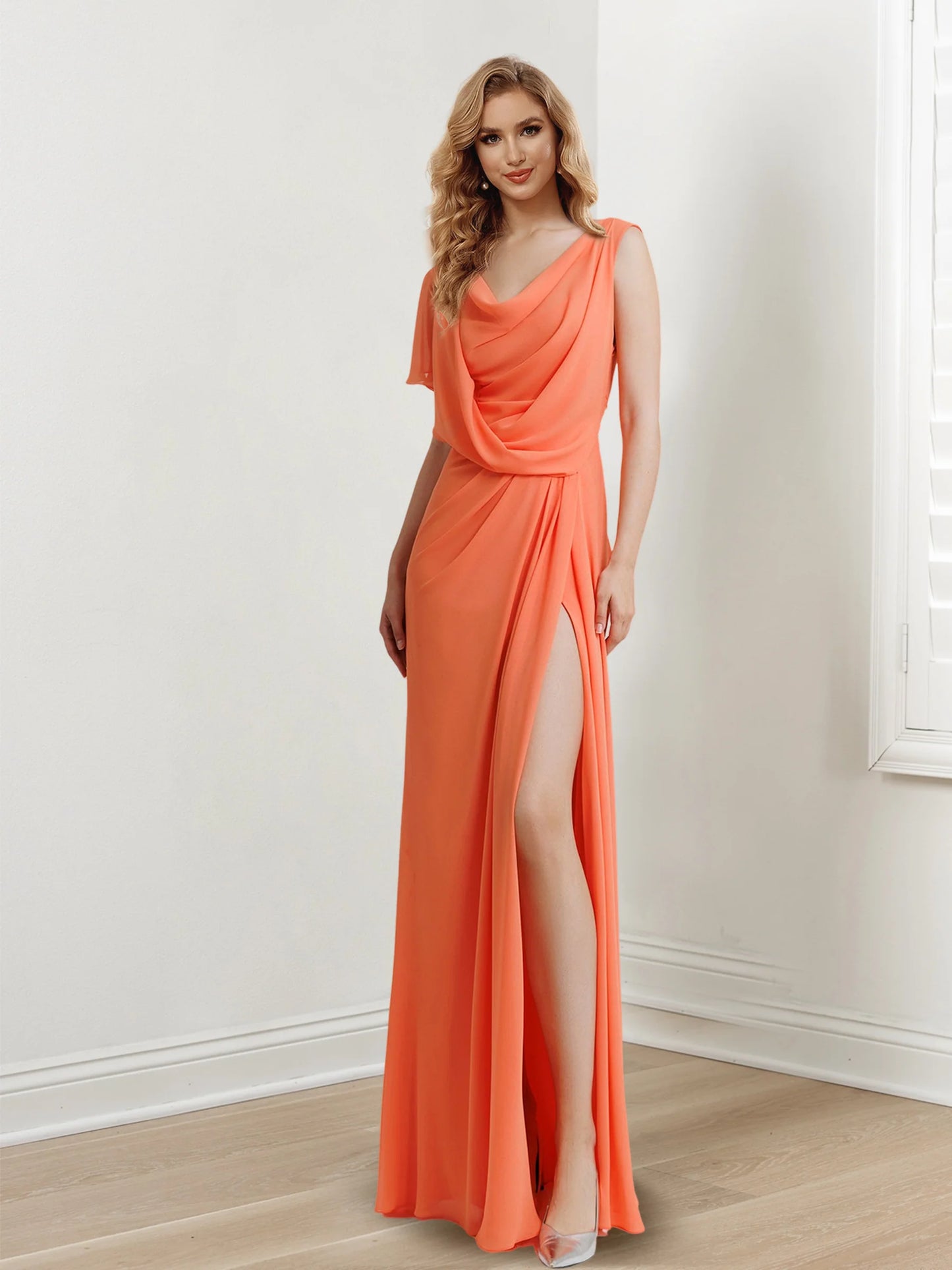 Slim fit/column low round sleeveless and floor length slit evening dress