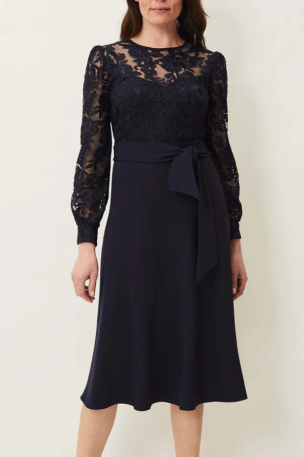 Round neck lace long sleeved set mother of the bride dress