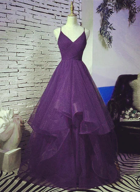 Beautiful deep purple sheer formal dress, deep purple V-neck shoulder strap backless evening dress