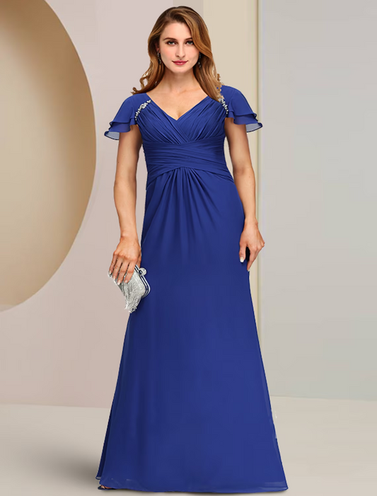 Mother of the Bride Dress Formal Vintage Elegant V Neck Floor Length Chiffon Short Sleeve with Ruched Crystal Brooch Side-Draped