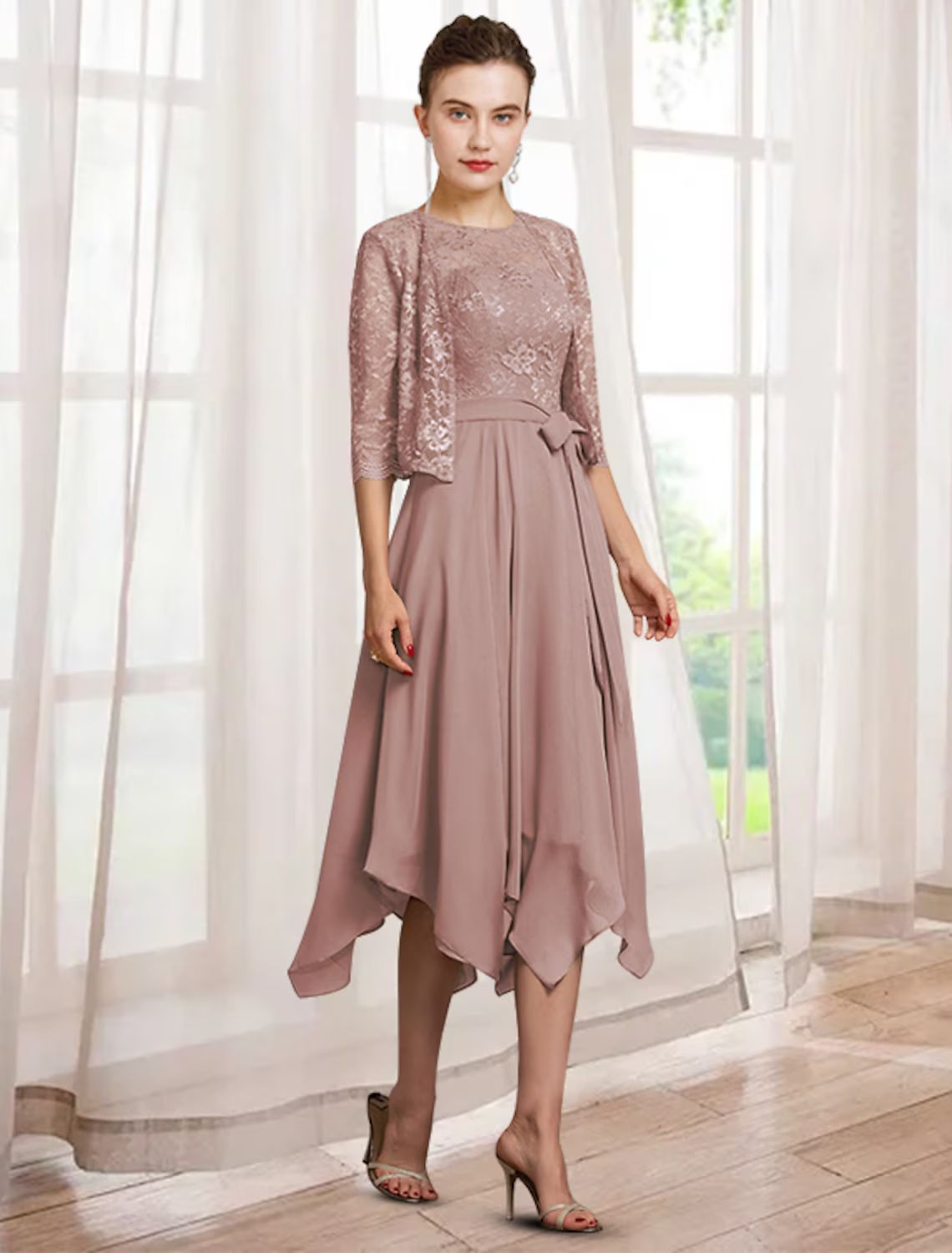 Two Piece A-Line Mother of the Bride Dress Elegant Tea Length Chiffon Lace Half Sleeve Wrap Included with Sash Ribbon