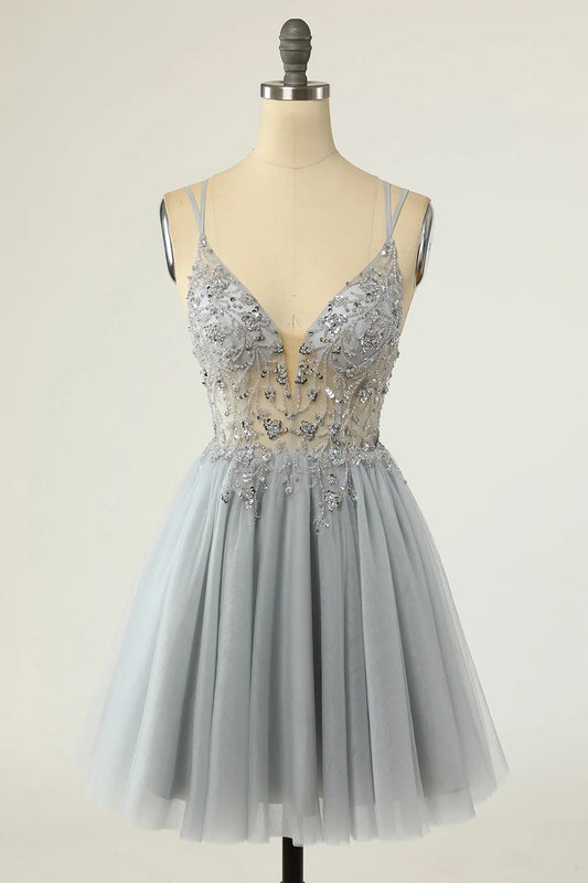 Gorgeous A-line thin shoulder strap with gray beaded short Cocktail Dresses