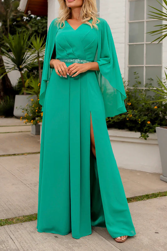 A-line V-neck bat sleeve chiffon elegant oversized mother of the bride dress