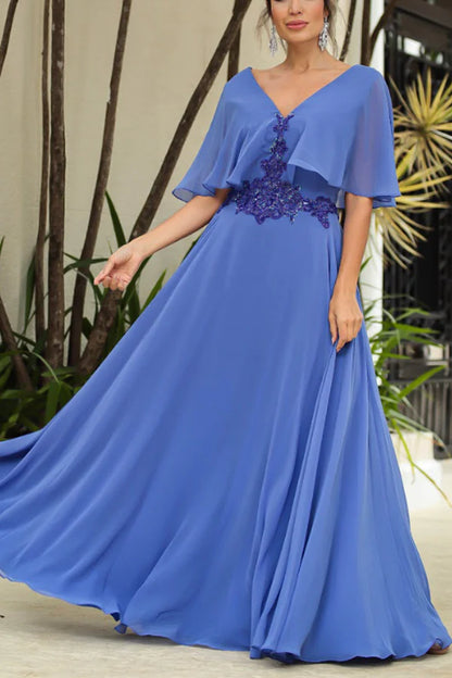 A-line V-neck chiffon pleated beaded piece elegant mother of the bride dress