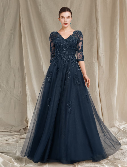 A-Line Mother of the Bride Dress Luxurious Elegant V Neck Floor Length Chiffon Lace Tulle Half Sleeve with Sequin Appliques