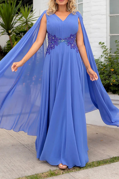 A-line V-neck chiffon pleated beaded piece elegant mother of the bride dress