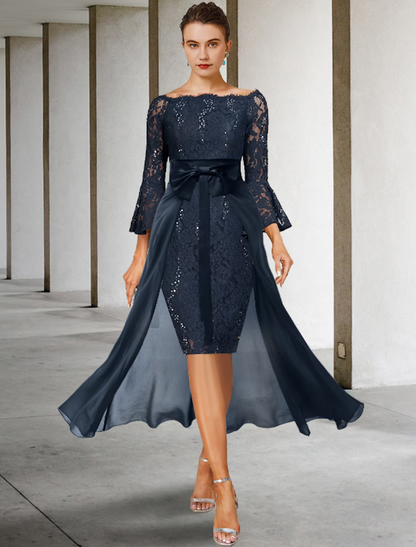 Two Piece  Mother of the Bride Dress Formal Wedding Guest Party Elegant Off Shoulder Knee Length Chiffon Lace Imitated Silk Sleeve with Bow(s)