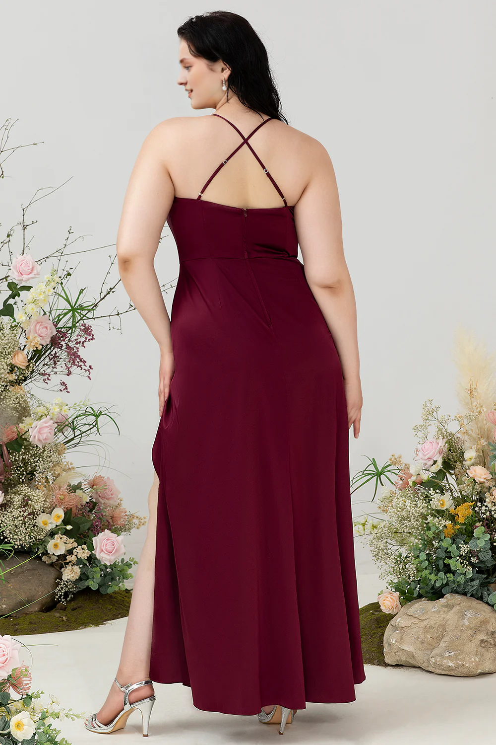 Wine red A-line hanging neck satin plus slit bridesmaid dress