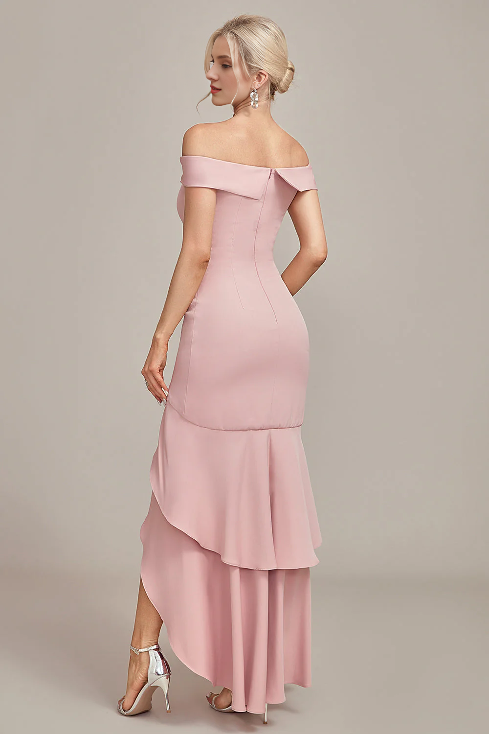 Pink mermaid off shoulder asymmetrical ruffle hem, mother of the bride dress