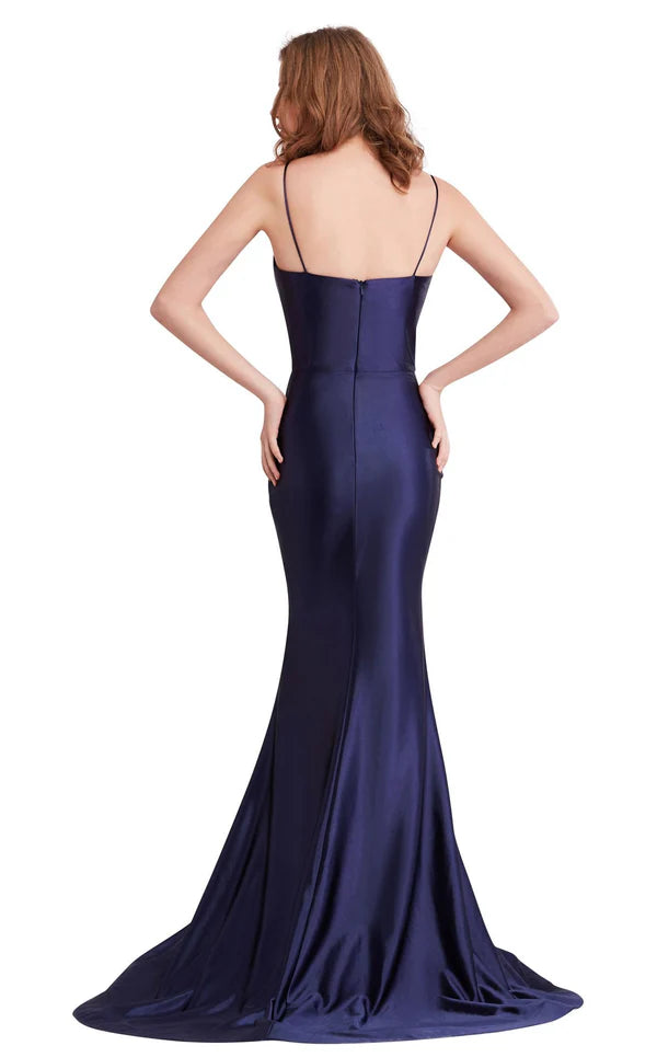 Deep V-neckline thin shoulder straps tight fitting corset and floor length evening gown