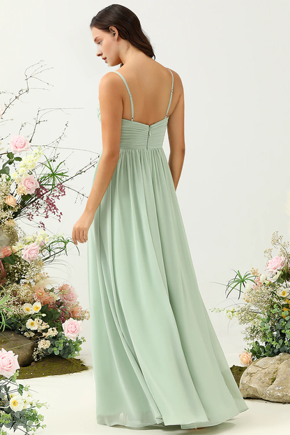 Sage A Line slim shoulder strap pleated long slit chiffon bridesmaid dress