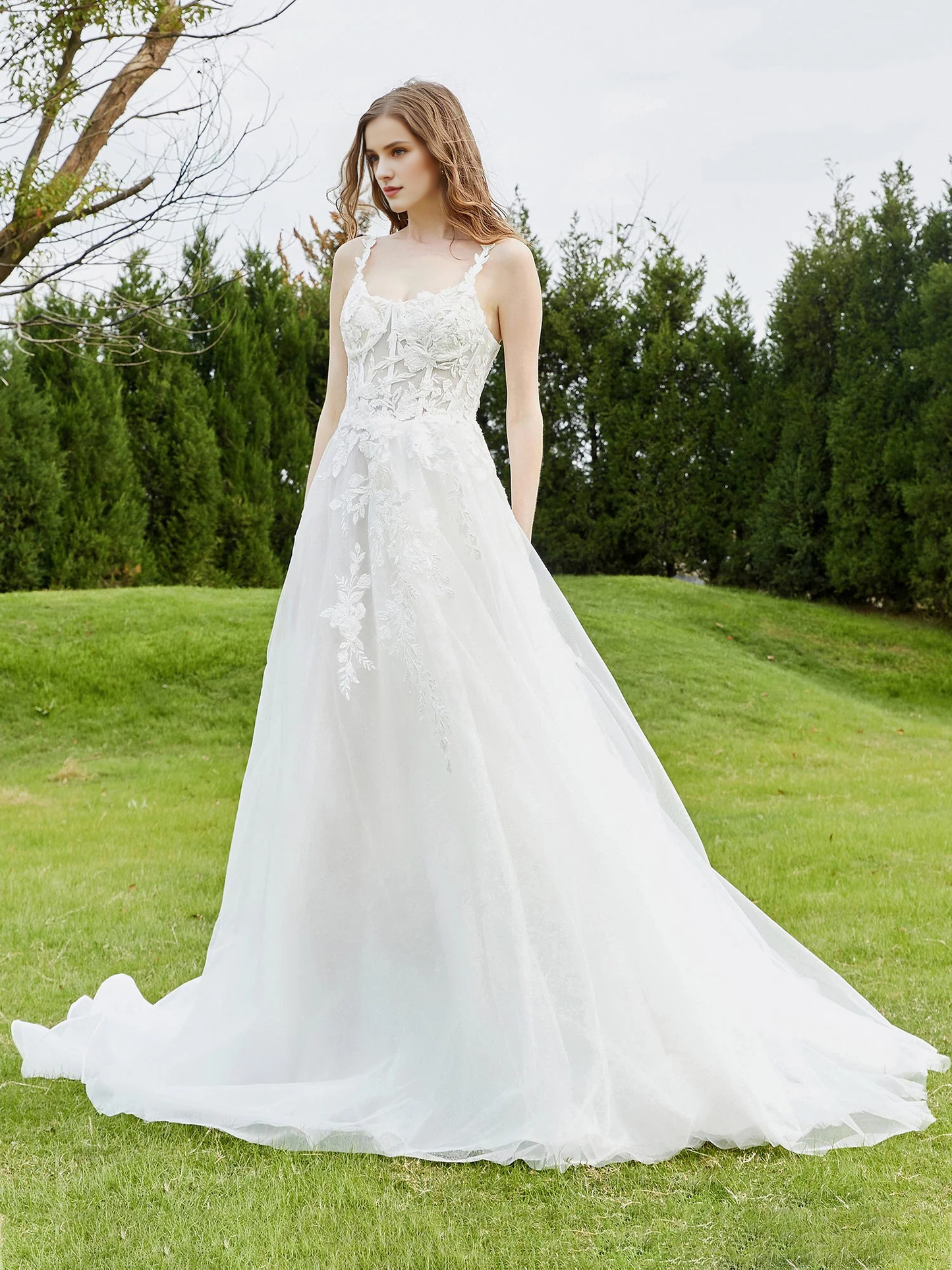 Thin shoulder strap chiffon church trailing wedding dress