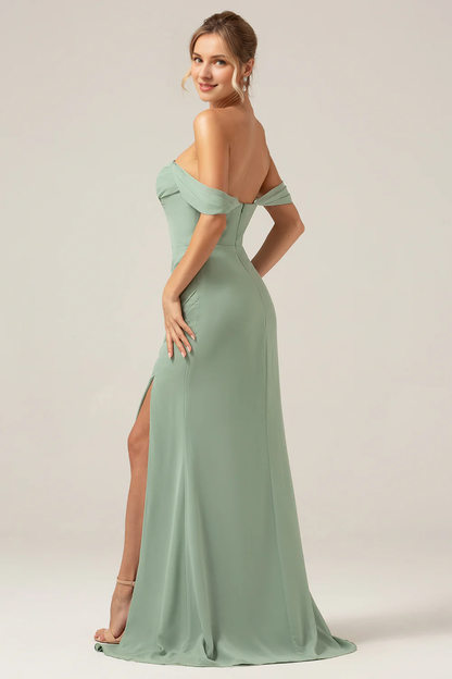 Dusty Sage off shoulder pleated chiffon slit bridesmaid dress