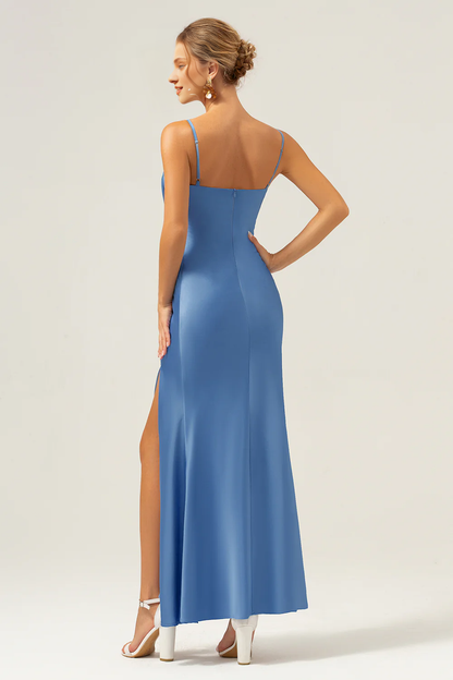 Fish tail thin shoulder strap satin blue bow bridesmaid dress