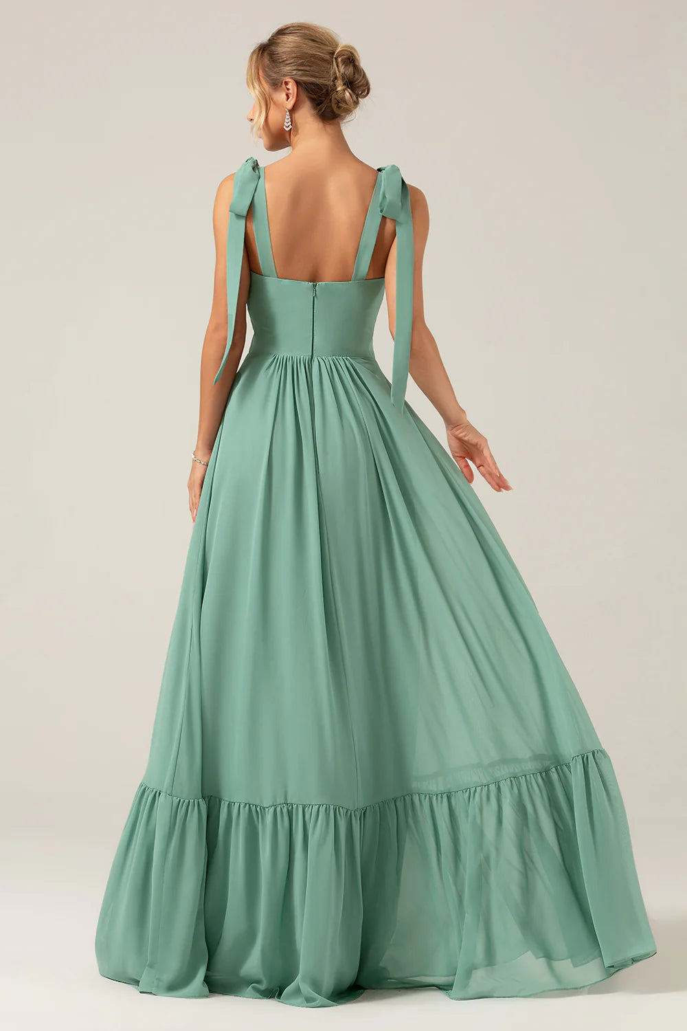 A-line slim shoulder strap pleated and ground length eucalyptus bridesmaid dress