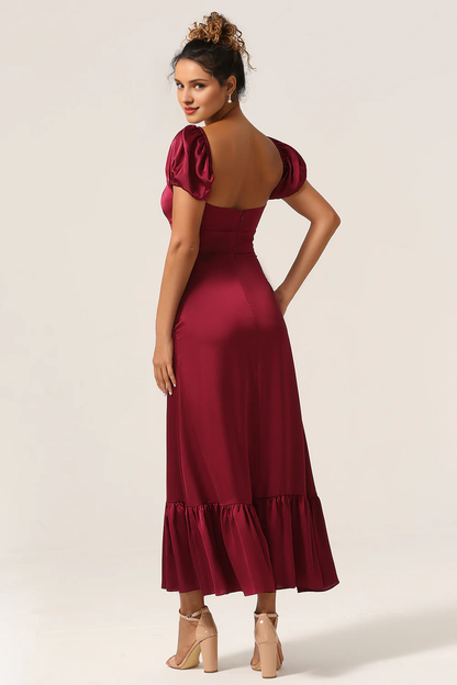 Wine red tight square neck tea long pleated satin bridesmaid dress