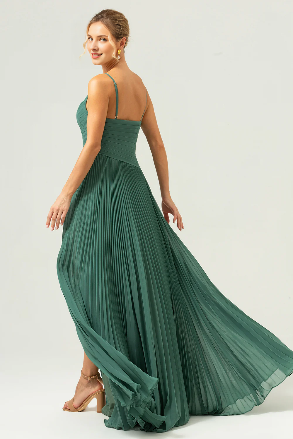 Eucalyptus A-line thin shoulder strap slit pleated long bridesmaid dress