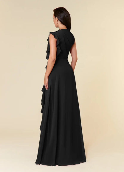 A-line high neck pleated chiffon and floor length mother of bride dress