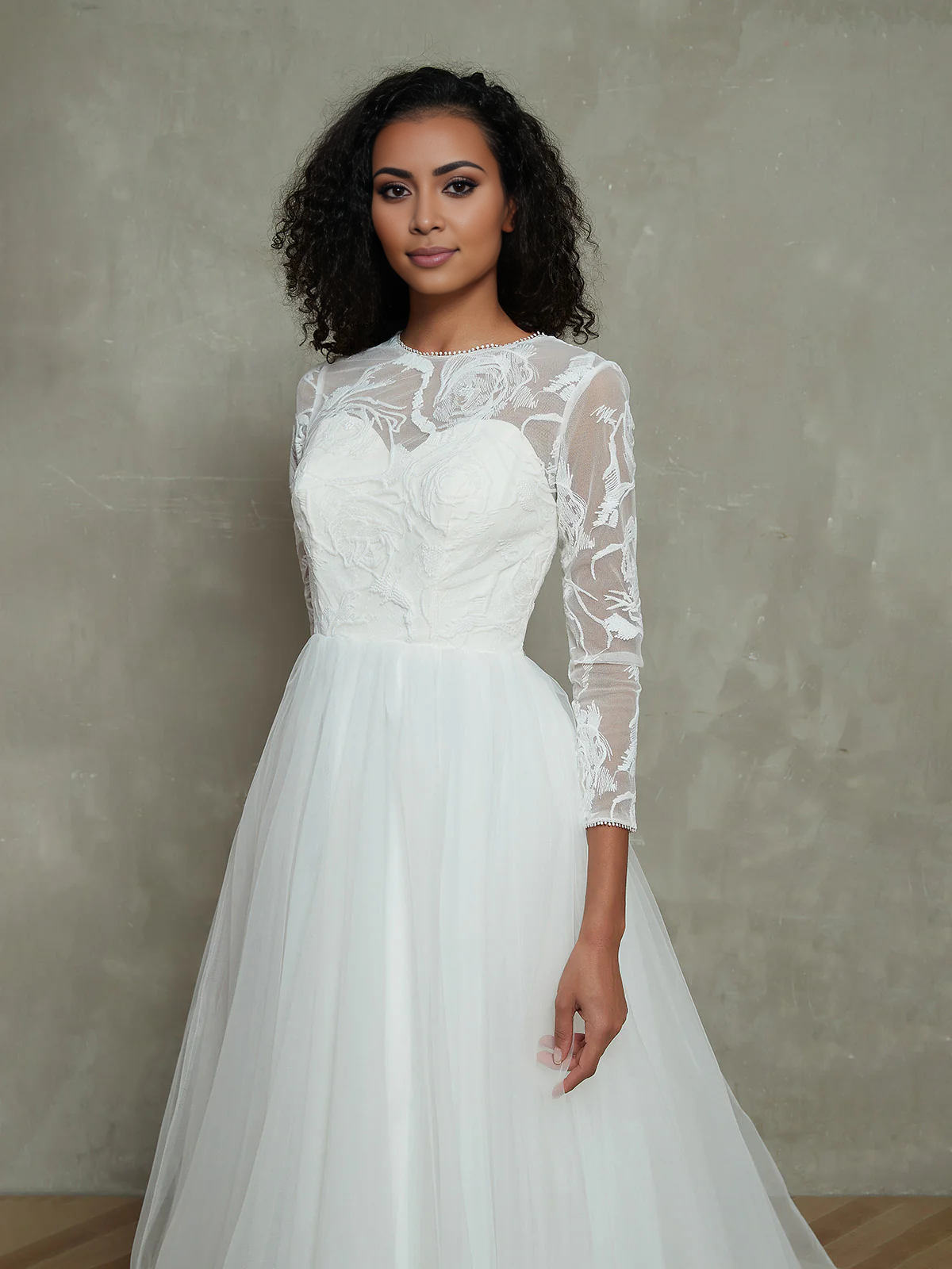 Lace top fantasy collar sheer dress wedding dress