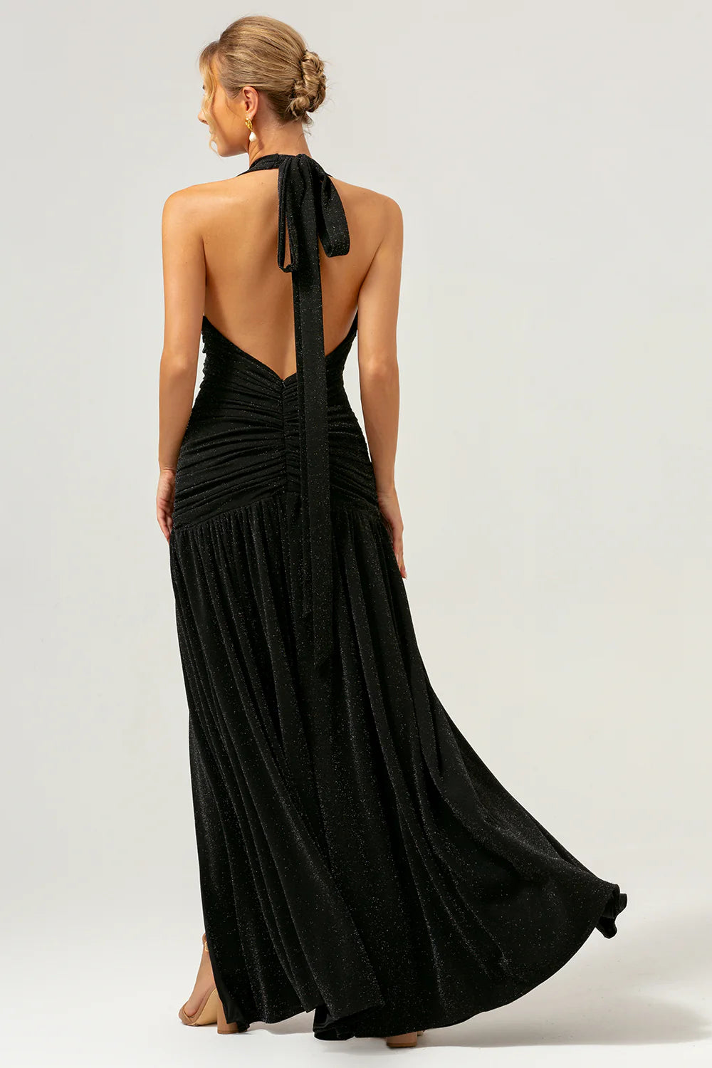 Black A-line hanging neck pleated long slit backless dance dress