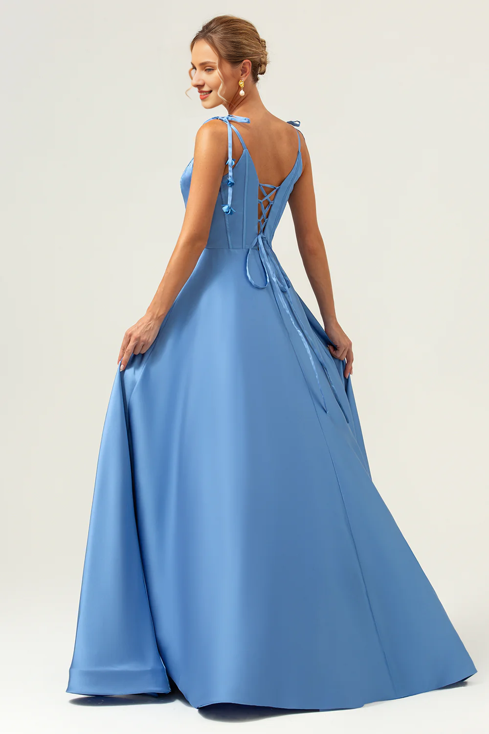 A-line slim shoulder strap tight corset tie back long blue slit bridesmaid dress