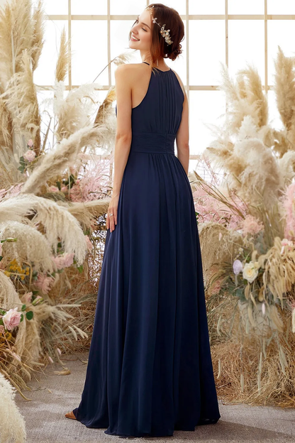 Navy Blue Neck Hanging Chiffon Bridesmaid Dress