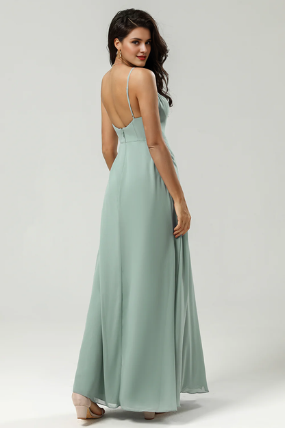 A-line slim shoulder strap V-neck and floor length slit chiffon bridesmaid dress