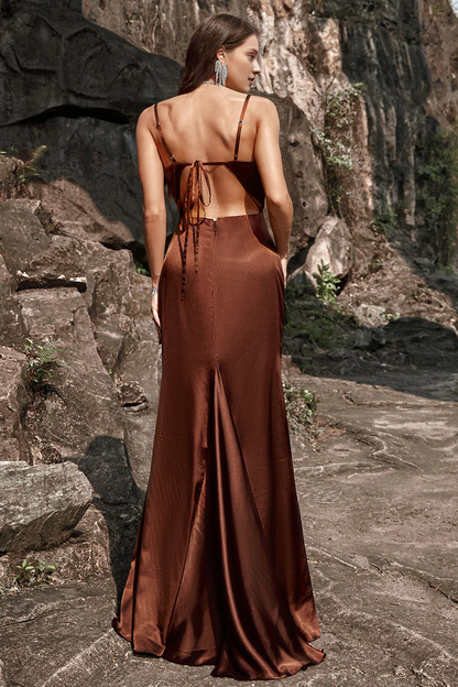 Fish tail thin shoulder strap and coffee satin bridesmaid dress