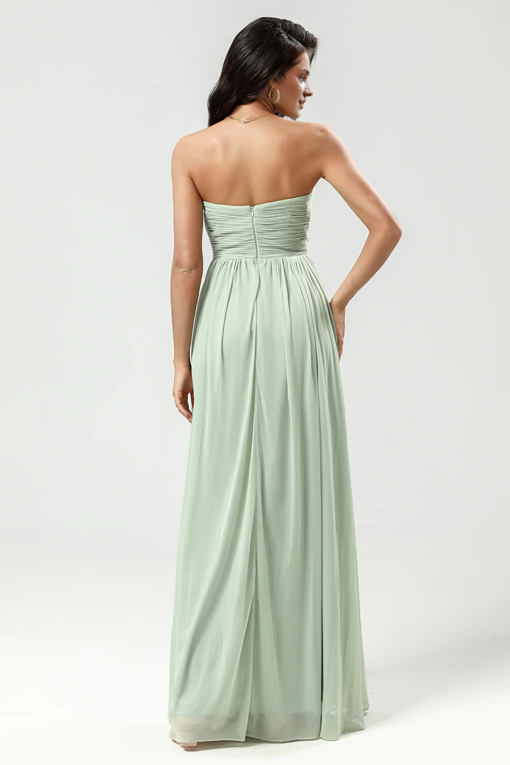 Dusty Sage A Line Sweetheart Long Knitted Chiffon Ruffle Bridesmaid Dress