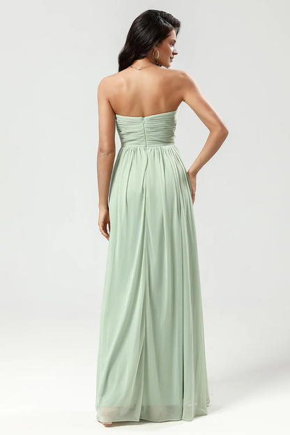 Dusty Sage A Line Sweetheart Long Knitted Chiffon Ruffle Bridesmaid Dress