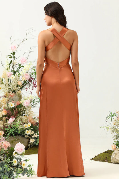 Copper A-line V-neck backless shiny satin bridesmaid dress