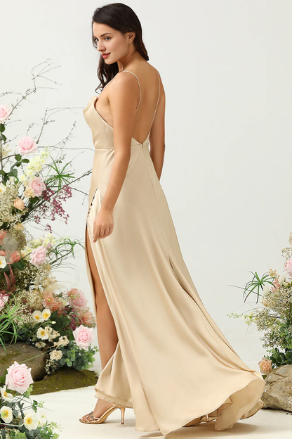 Champagne A-line Wind Neck Thin Shoulder Strap Split Satin Bridesmaid Dress