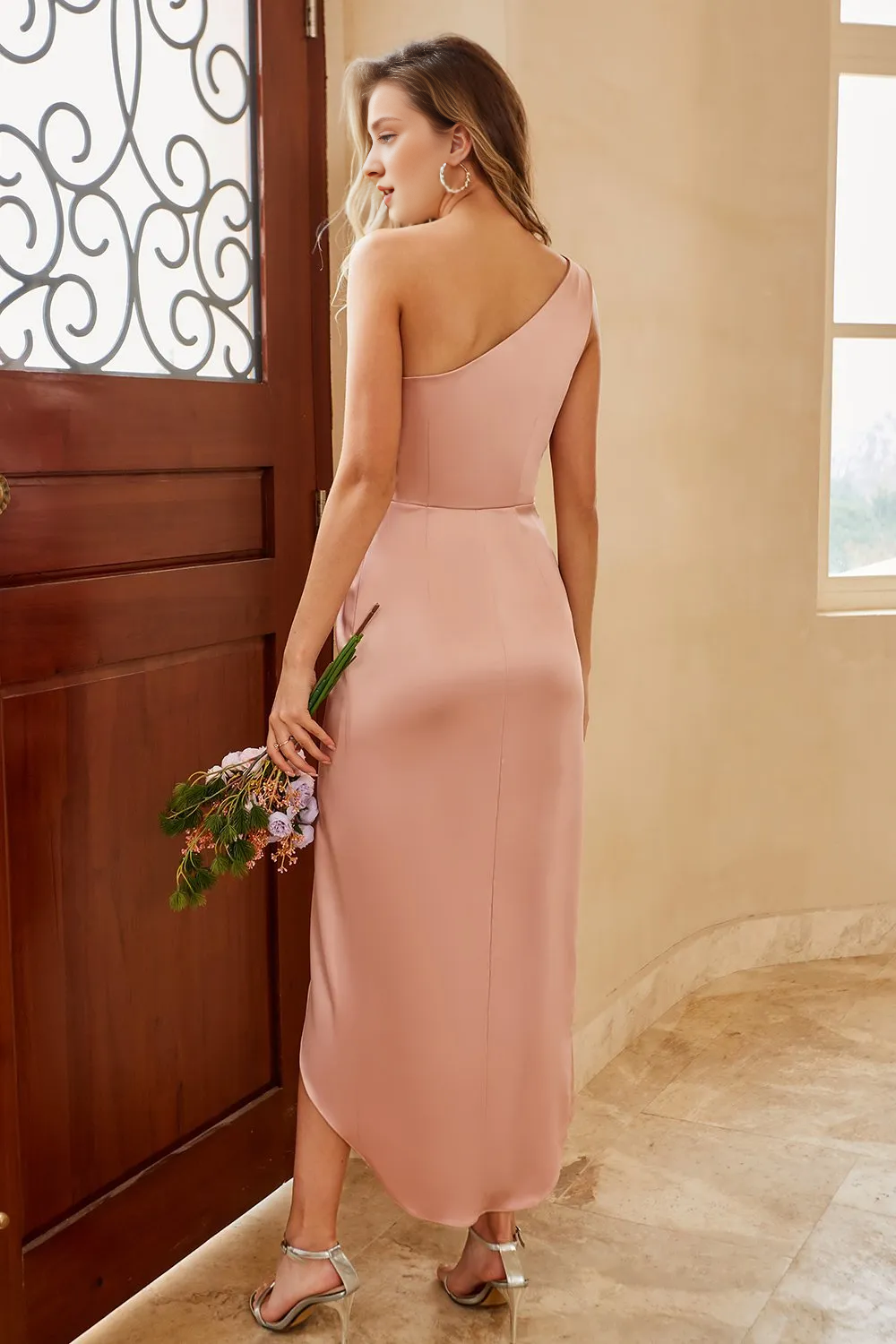 Dusty rose one shoulder satin backless bridesmaid dress