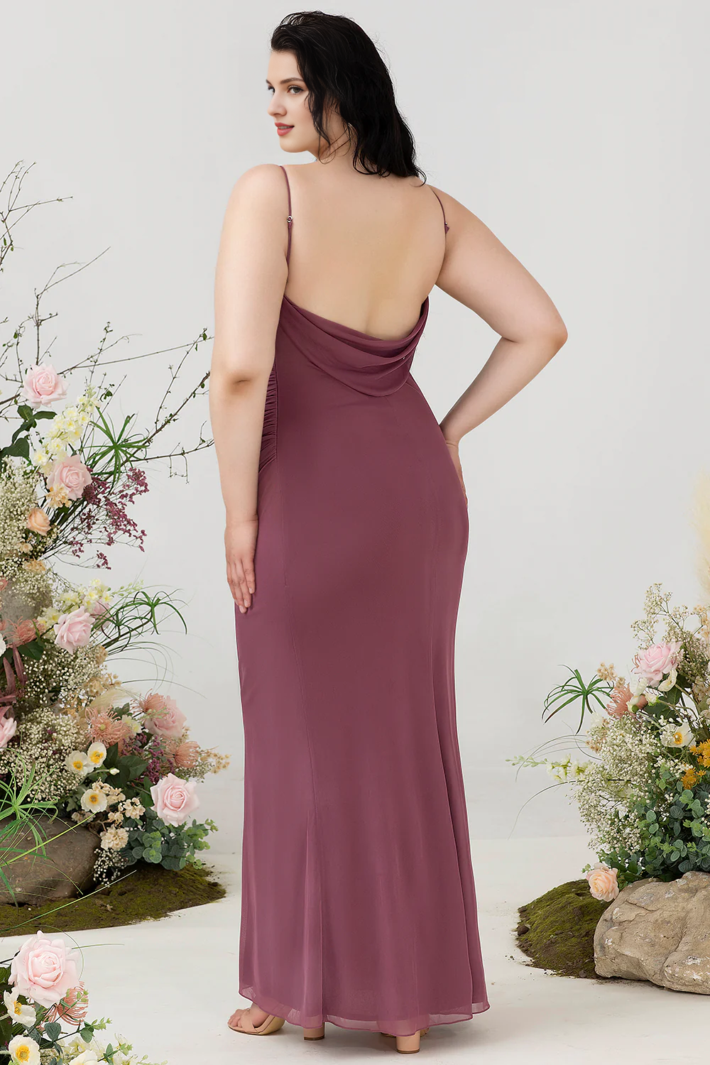 Desert Rose Tight Thin Shoulder Strap Drop Chiffon Large Bridesmaid Dress