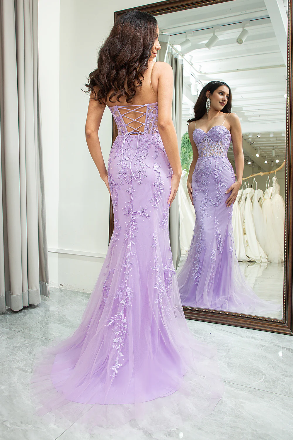 Purple mermaid sweetheart bead tight corset long applique ball dress